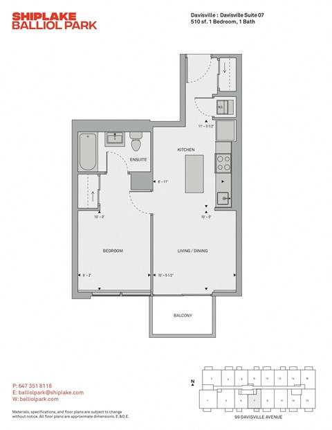 Floor plan for 1 bed, 1 bath, 510 sqft